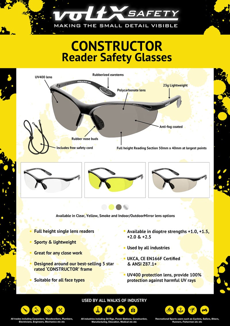 voltX 'Constructor' SAFETY READERS Full Lens Reading Safety Glasses (+1.5 Dioptre, Smoke) ANSI Z87.1+ & CE EN166F, Wraparound Style - Includes Safety Cord with headstop - UV400 anti fog coated lens - Image 3